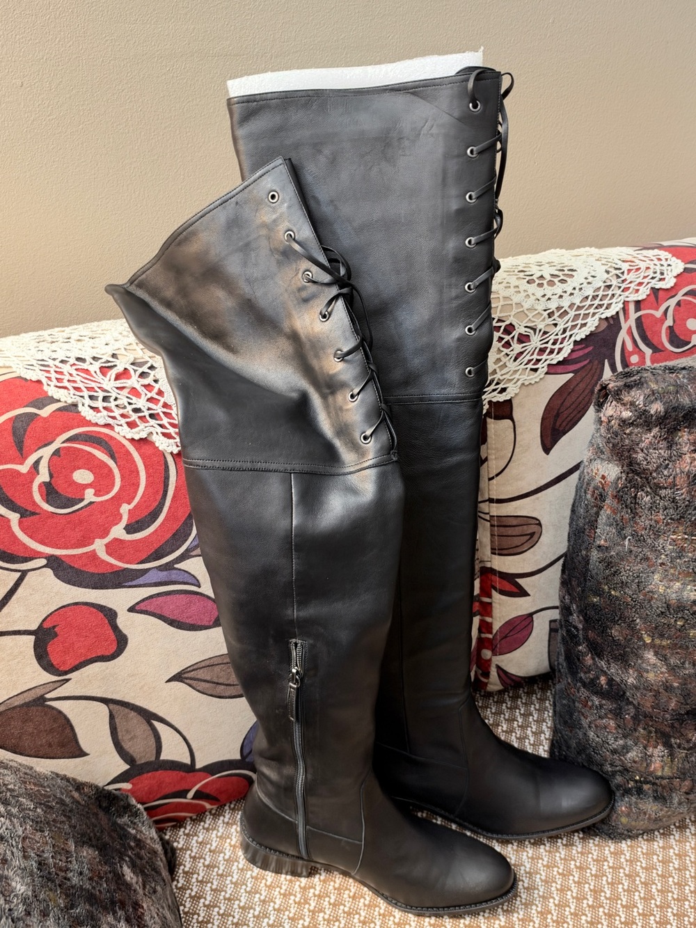 Delman New York Black Leather Over-the-Knee Lace-Up Boots Size 8.5